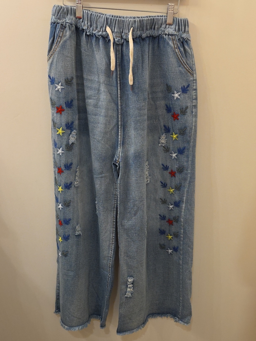 Embroidered Light Blue Wide-Leg Boho Hippie  Women’s Jeans